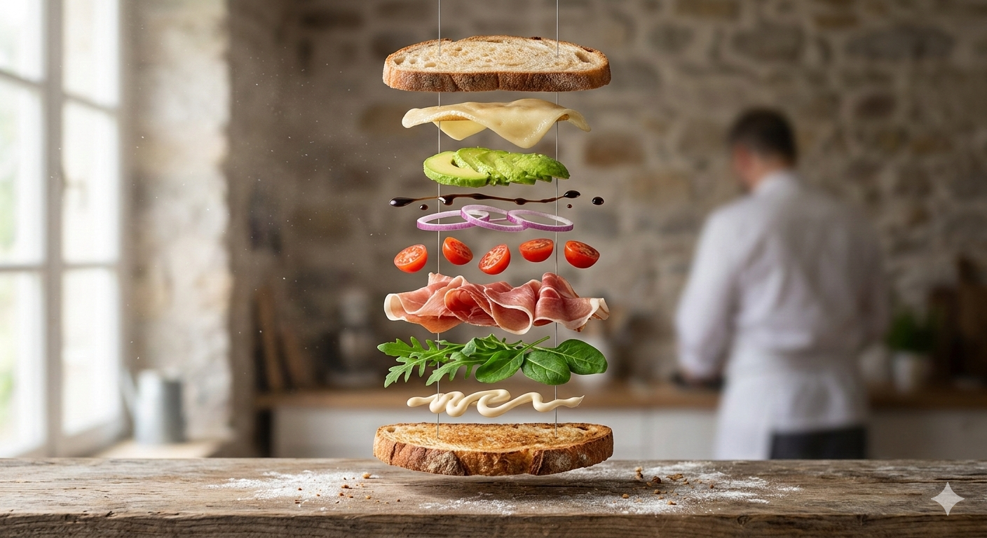 Imagen de los ingredientes de una hamburguesa flotando por medio de dos hilos